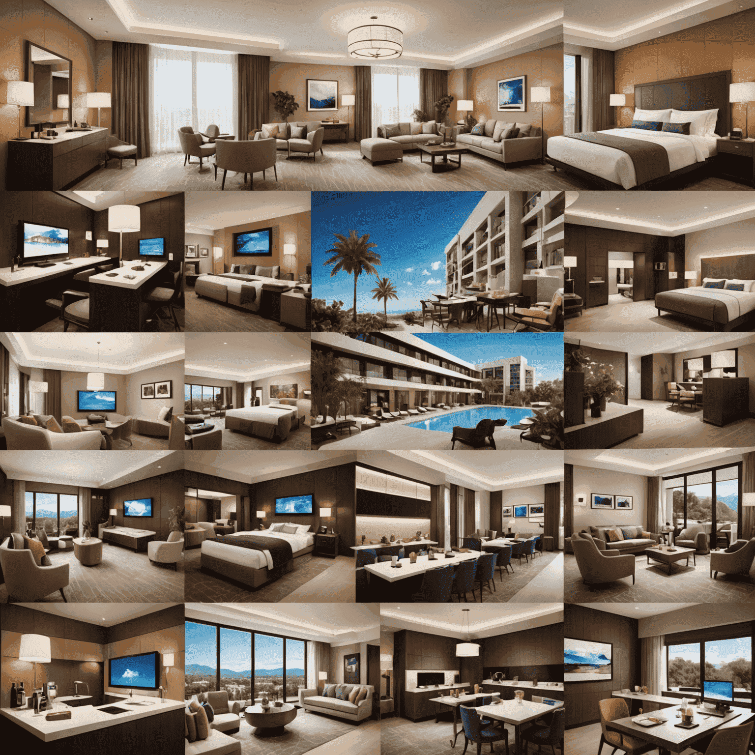 A collage showing various modern hotel amenities, tech gadgets used in hospitality, and happy guests experiencing new services