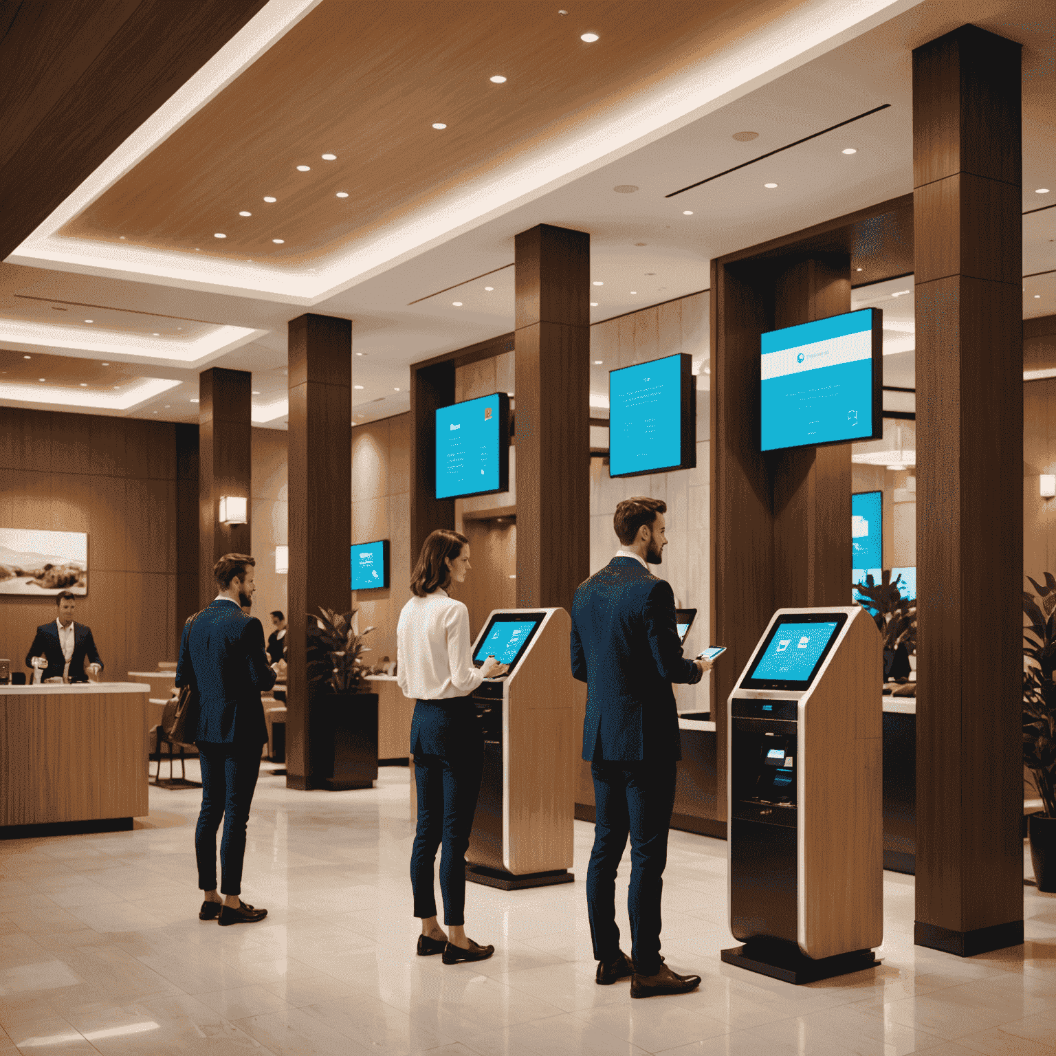 Collage of modern hotel lobby with digital check-in kiosks, smart room controls, and guests using mobile apps