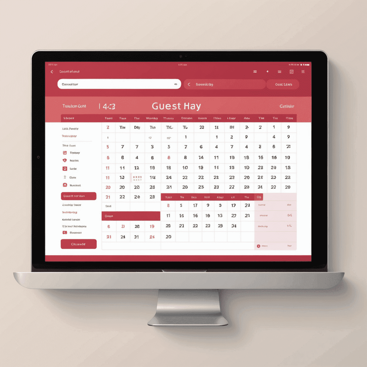 A dashboard interface showing a calendar with room bookings, check-in and check-out times, and guest information. The interface has a modern design with red and pink accents.
