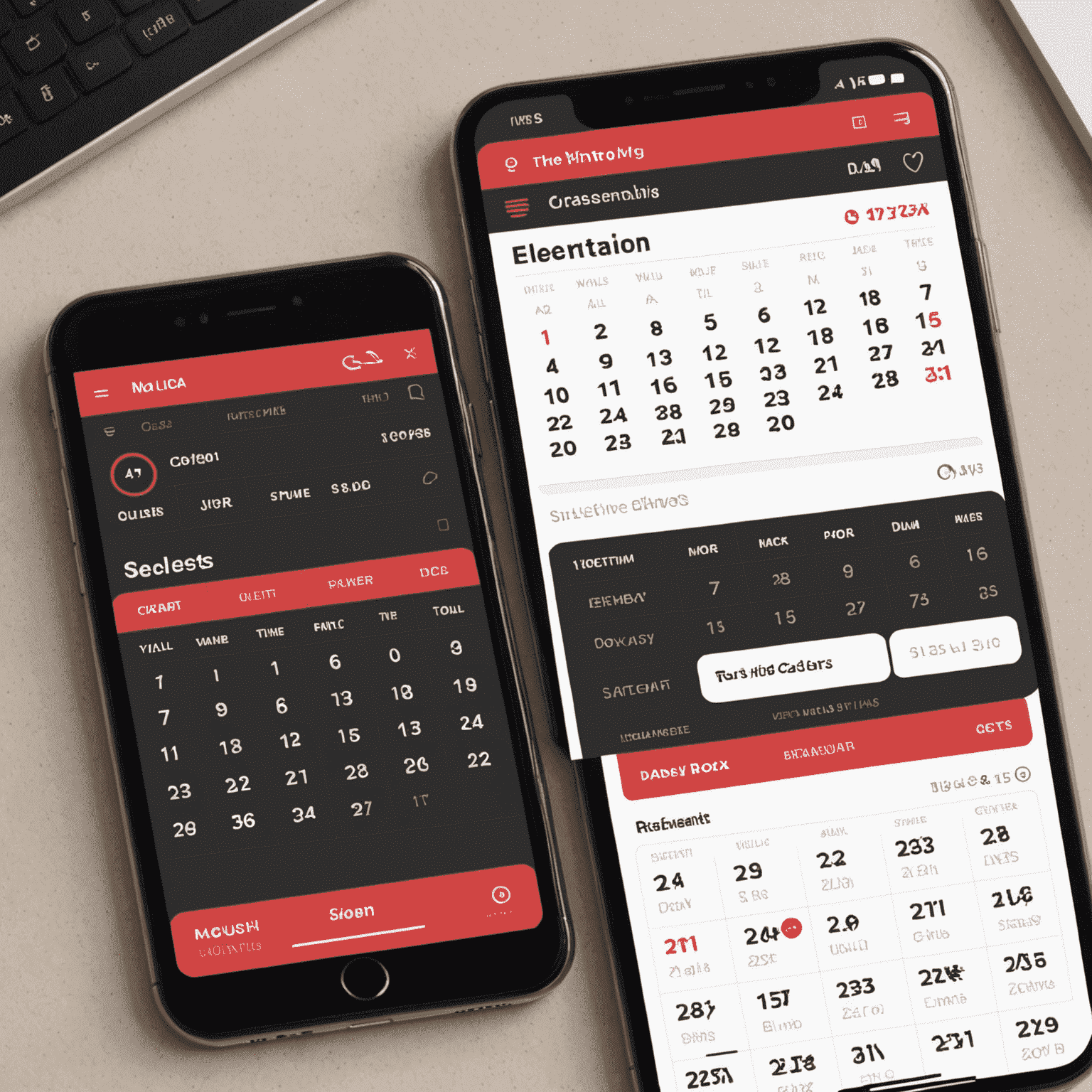 A modern and sleek booking management interface showing a calendar view with reservations, check-in/check-out status, and guest information. The interface uses a color scheme of red, pink, black, and white.