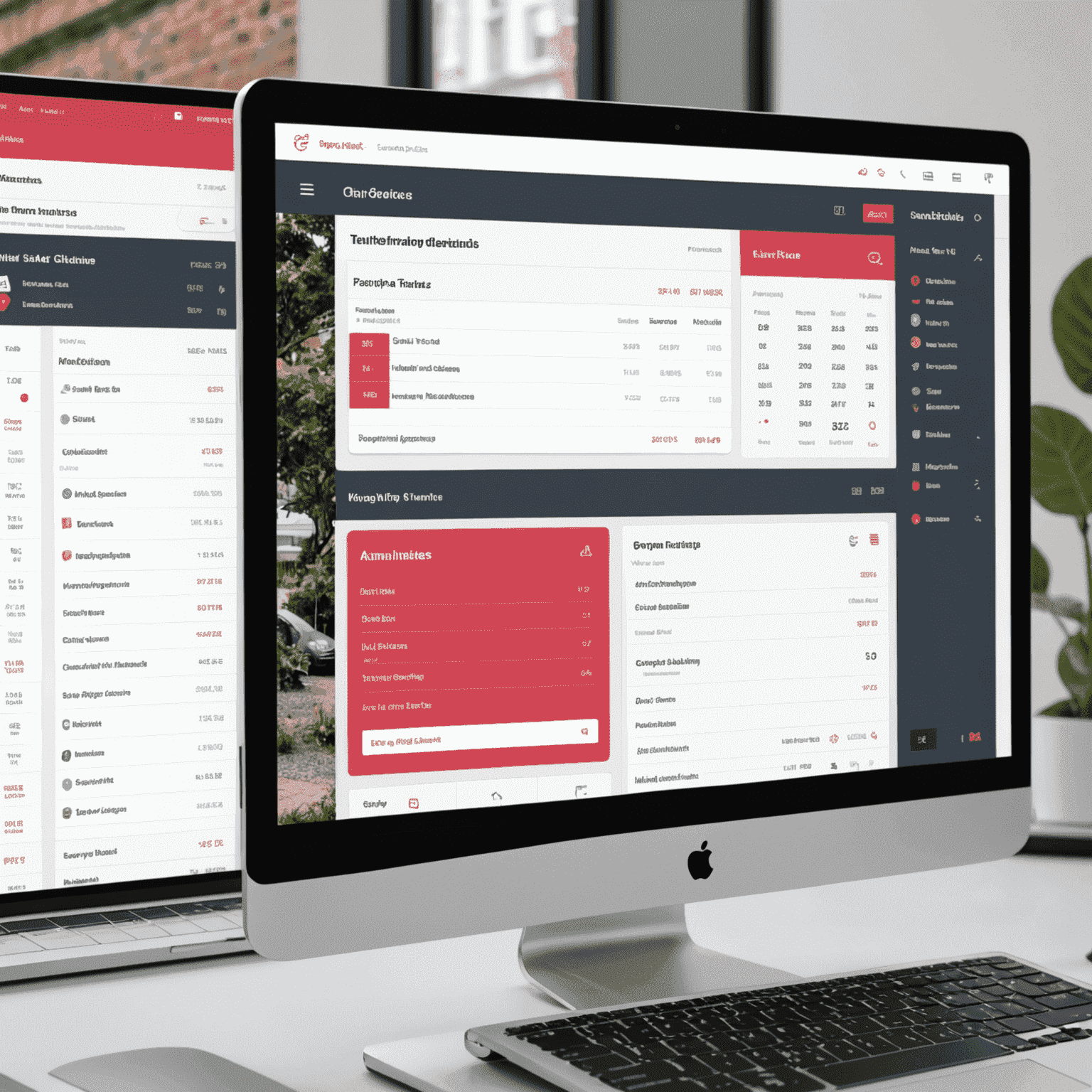 A modern dashboard interface showing property maintenance tasks, schedules, and status updates. The interface has a clean design with red and pink accents, displaying various maintenance categories and a calendar view.
