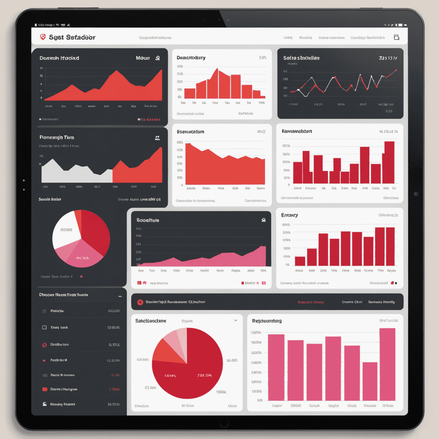 Dashboard showing various analytics charts including occupancy rates, revenue graphs, and guest satisfaction scores. The interface is clean and modern, with a color scheme of red, pink, black, and white.