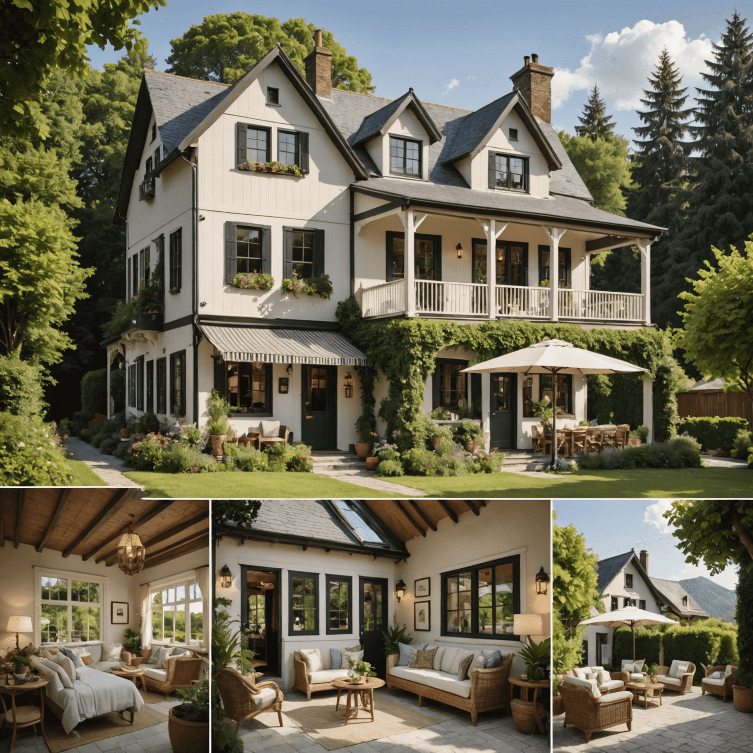 A montage of small, charming hotels and guesthouses with happy owners standing in front, symbolizing their success stories