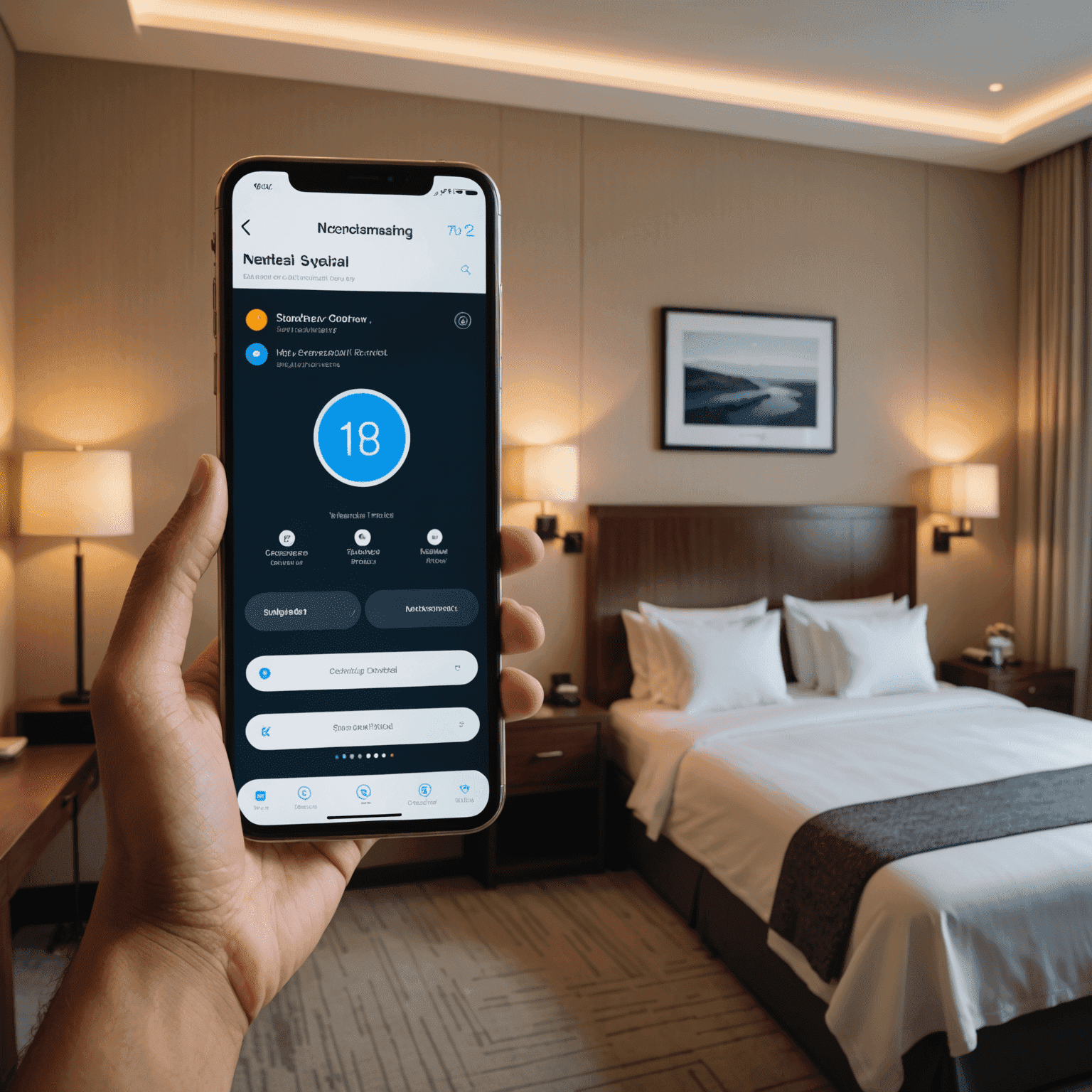 Split screen showing a hotel room adjusting lighting and temperature based on guest preferences, and a smartphone with a personalized concierge chatbot