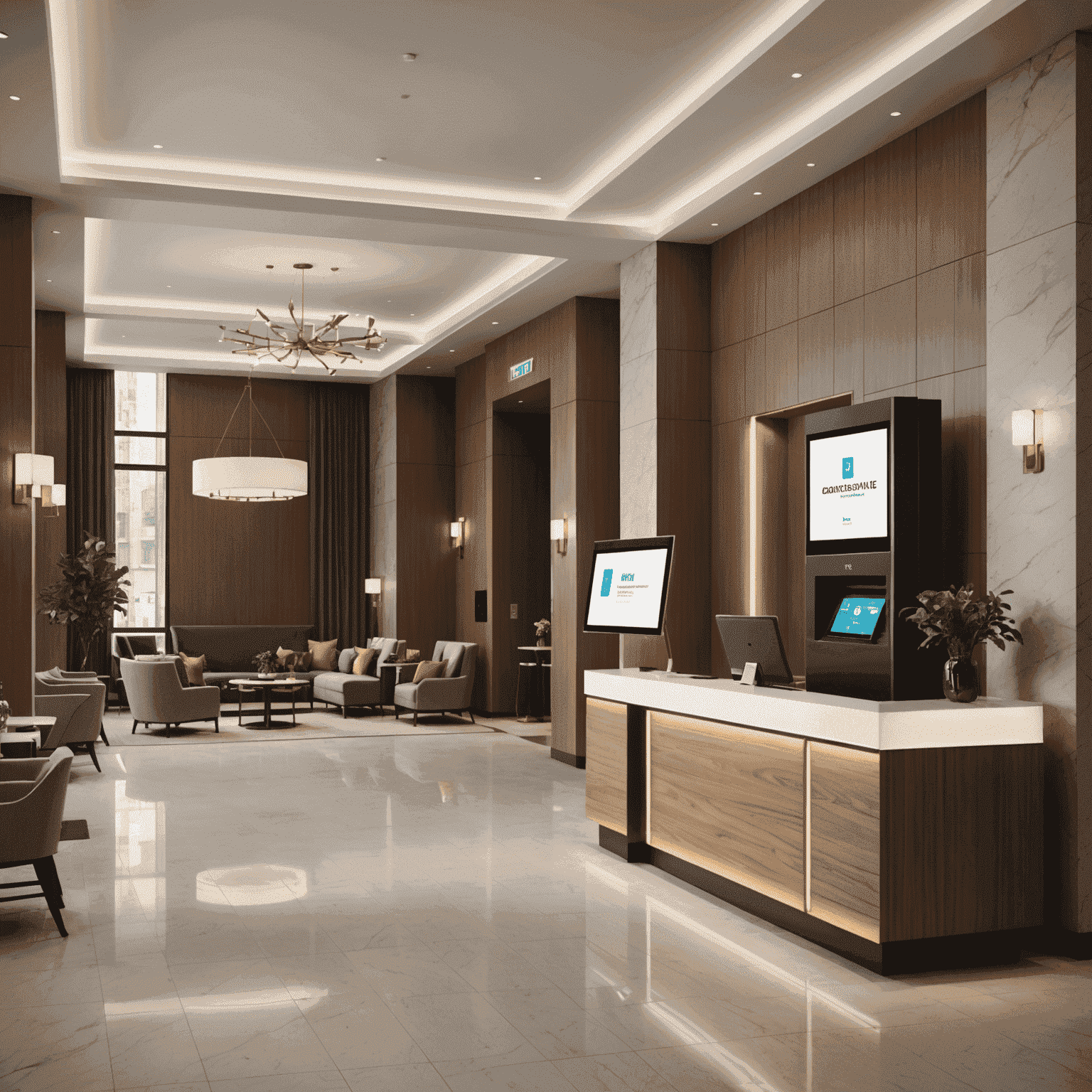 A modern boutique hotel lobby with sleek furniture and a digital check-in kiosk, emphasizing efficient management