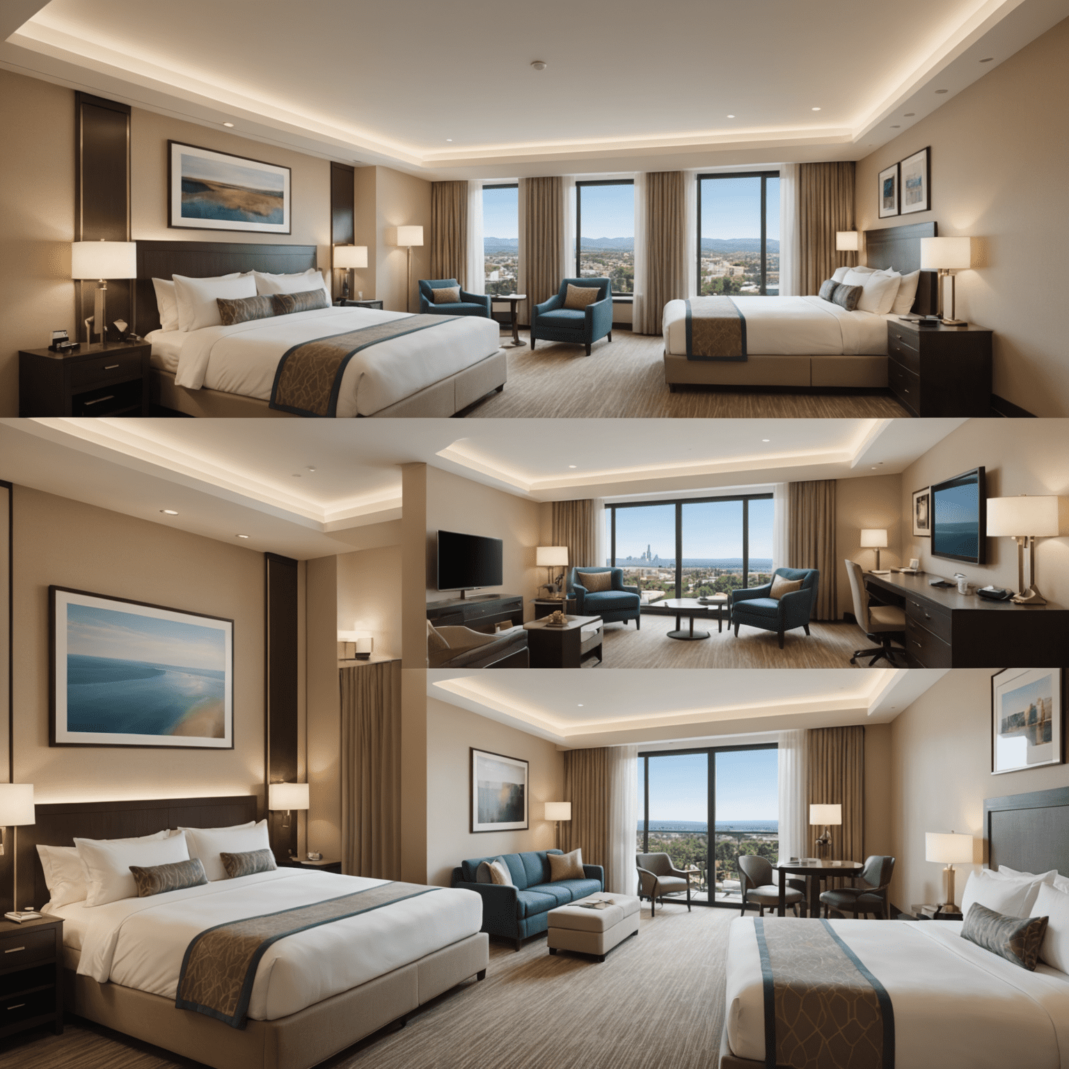A split-screen image showing a standard room and a luxurious upgraded room with amenities