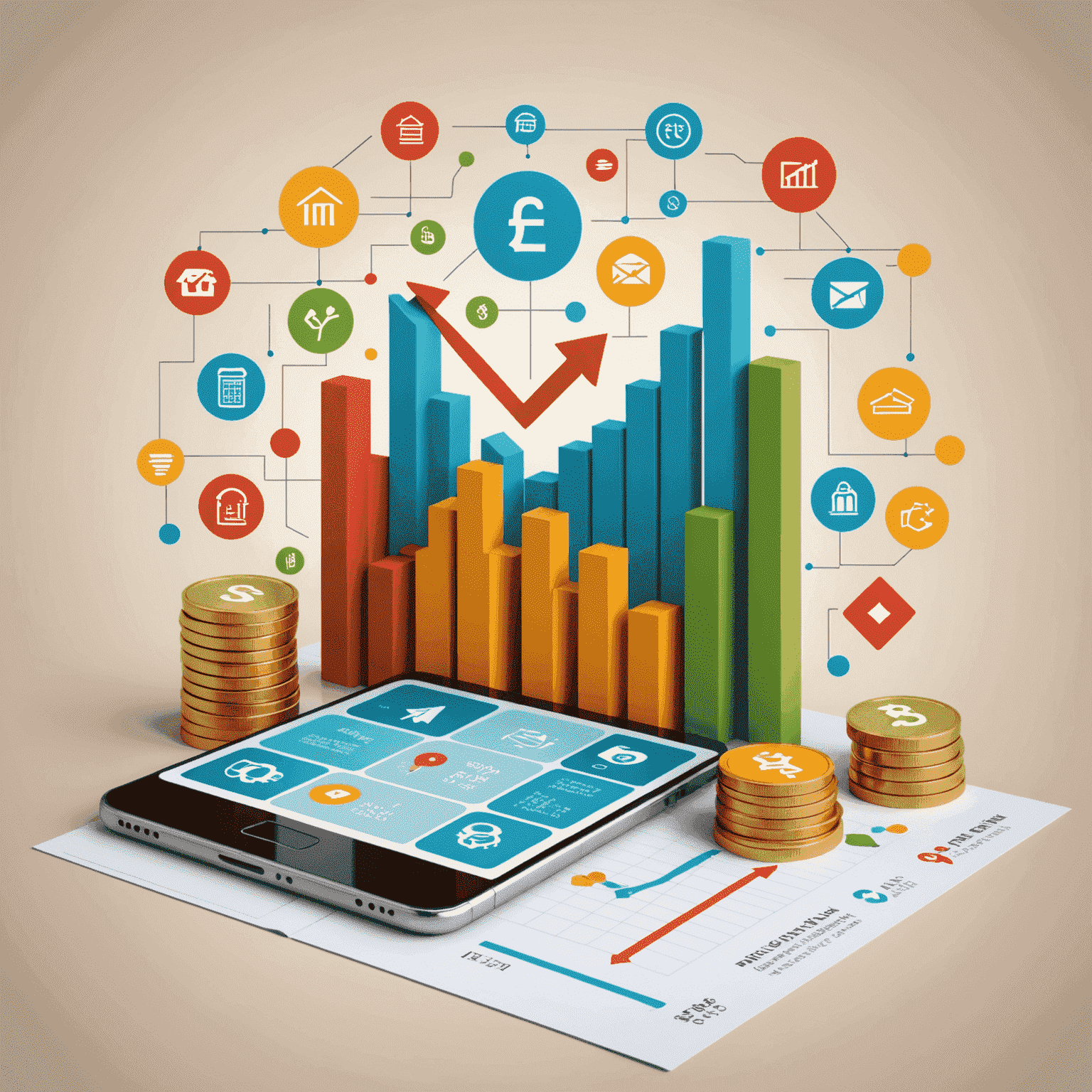 A graph showing increasing revenue trends, with icons representing small properties and money symbols