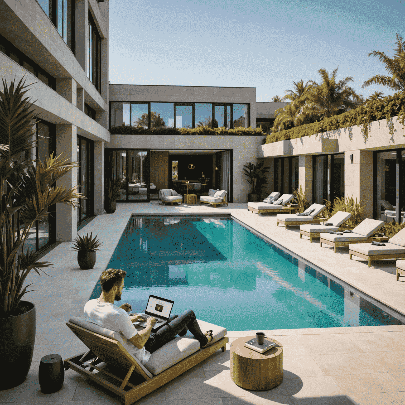 Modern hotel workspace with individual pods, collaborative areas, and a guest working on a laptop by the pool