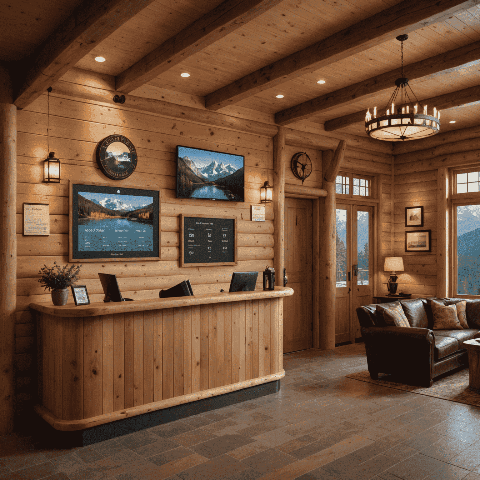 A cozy mountain lodge reception area with a digital display showing real-time booking information