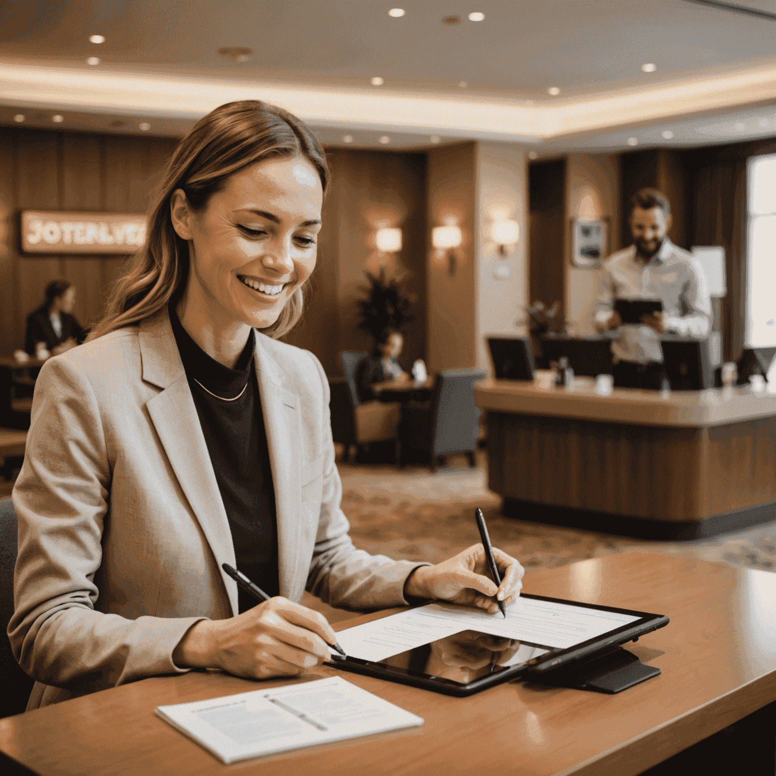 A happy guest writing a positive review on a tablet, with the hotel's reception area in the background