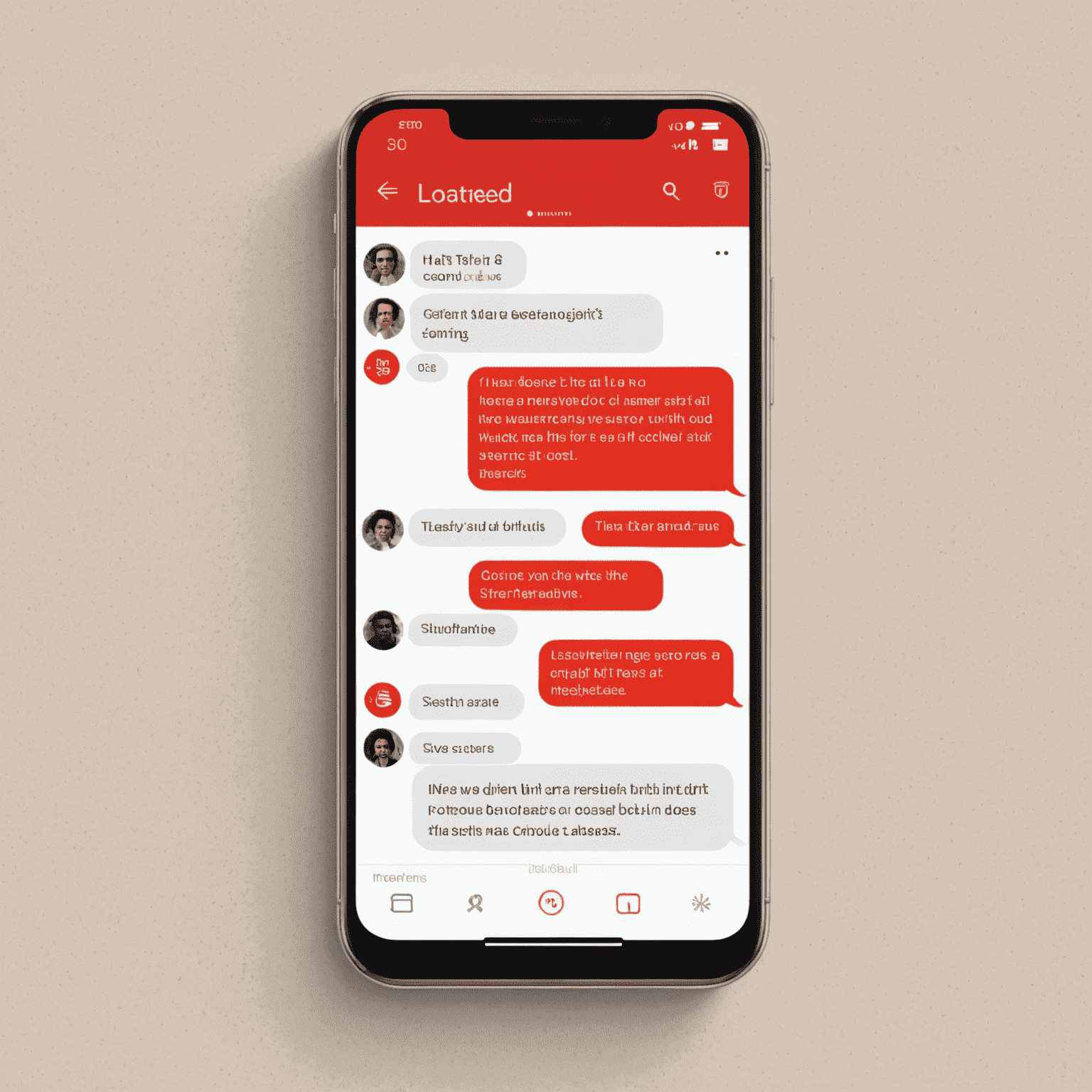 A mobile phone screen showing a chat interface with automated messages and personalized guest communications. The design features a red and white color scheme with modern typography.