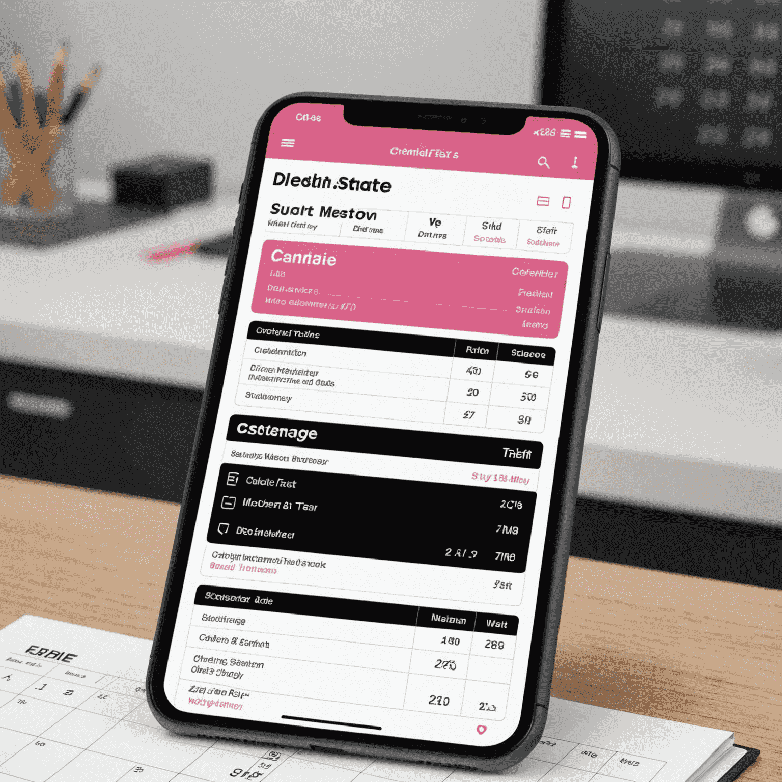 A digital checklist and calendar showing scheduled maintenance tasks, work orders, and completion status. The interface uses a clean design with pink and black elements.