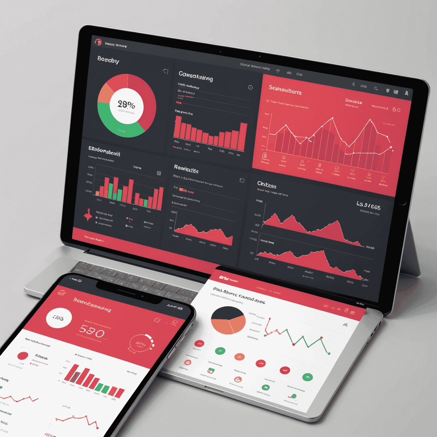 A dashboard with various charts and graphs showing occupancy rates, revenue data, and guest feedback analytics. The design incorporates red, pink, and white colors in a modern, easy-to-read layout.